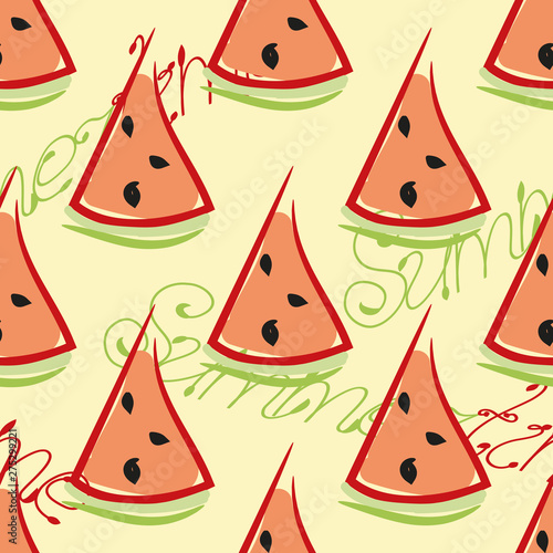 Summer seamless pattern with slices of watermelon and inscription Summertime on bright background. Textile print, wallpaper or backdrop with repeating elements in yellow, red, green, black colors.