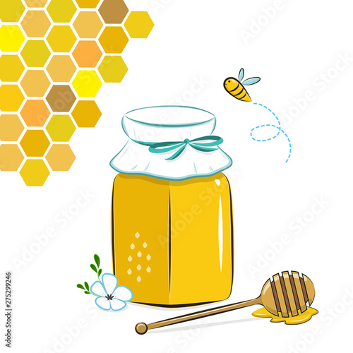 Honey jar, honeycomb and bee. Honey in jar with honey dipper.