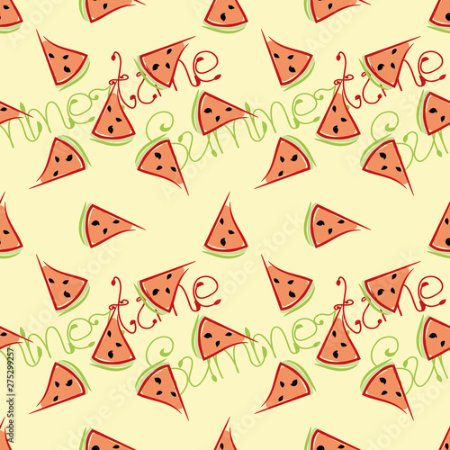 Summer seamless pattern with slices of watermelon and inscription Summertime on bright background. Textile print, wallpaper or backdrop with repeating elements in yellow, red, green, black colors.