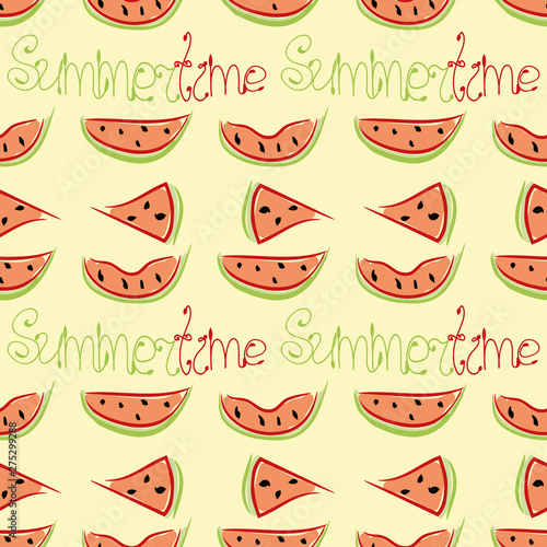Summer seamless pattern with slices of watermelon and inscription Summertime on bright background. Textile print, wallpaper or backdrop with repeating elements in yellow, red, green, black colors.
