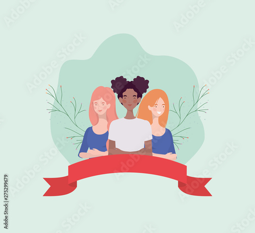 group of interracial women standing with ribbon and leafs