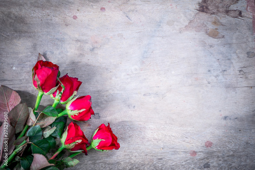 red roses on wooden background.
