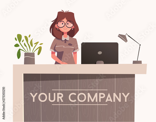 Reception desk. Hotel receptionist character. Cartoon vector illustration.