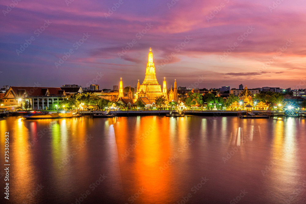 Beautiful view of Wat Arun Temple at twilight in Bangkok, Thailand