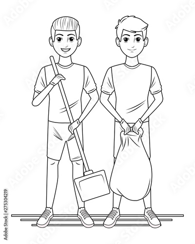 cleaning service person avatar cartoon character in black and white