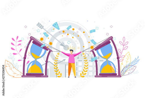 Tiny man bends a big hourglass. Flexible schedule concept.