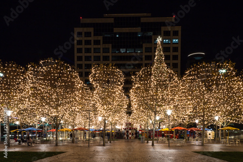Night Time Image of American Town Square Decorated for Christmas. Christmas Trees in Reckless Profusion. Festive Lights. Holiday Spirit.
