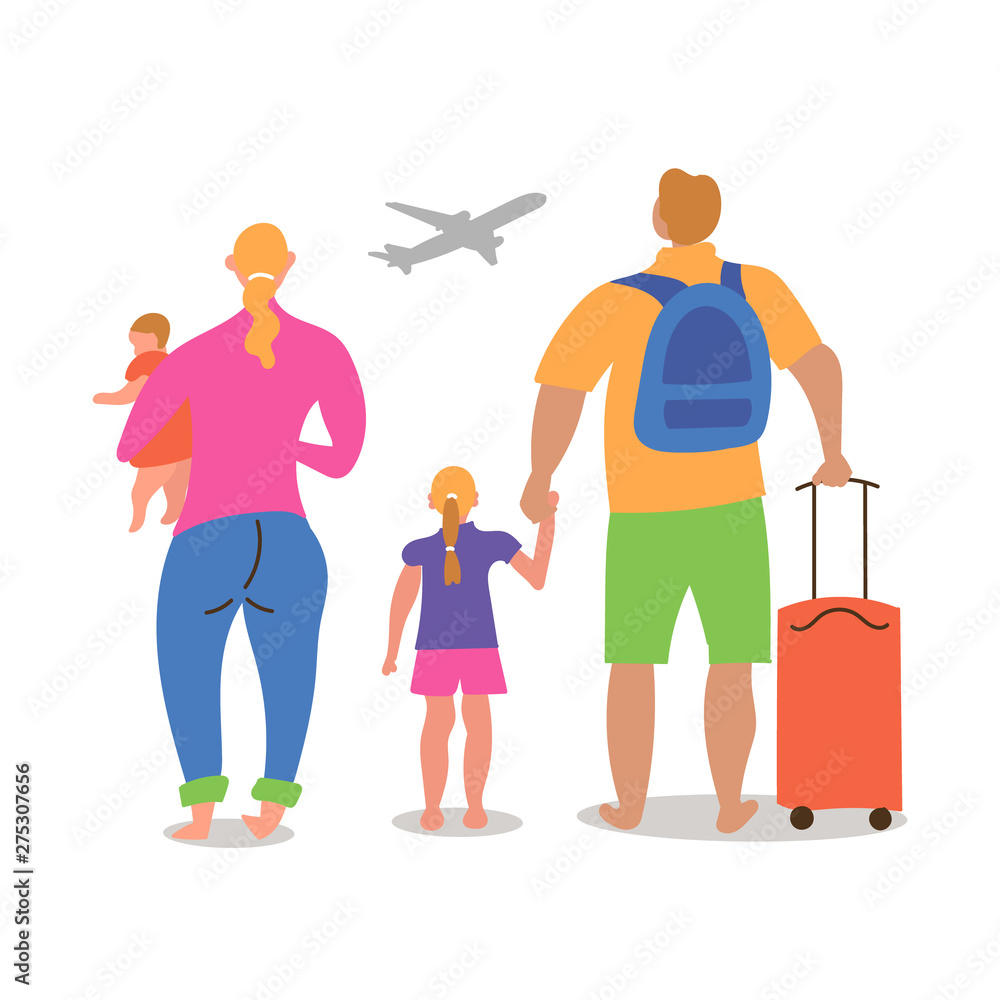 A married couple with children of different nationalities are going on vacation to fly a plane. Came to the airport with luggage. Inspire to travel. Vector minimalist characters in EPS 10 A married couple with children of different nationalities are going on vacation to fly a plane. Came to the airport with luggage. Inspire to travel. Vector minimalist characters in EPS 10