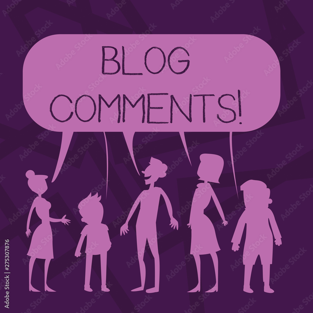 Obraz premium Text sign showing Blog Comments. Business photo showcasing Space at the end of each post for a reader to leave a comment Silhouette Figure of People Talking and Sharing One Colorful Speech Bubble