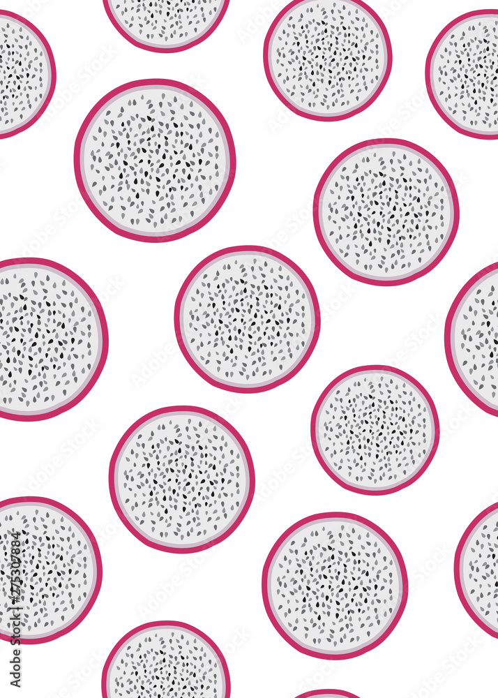 Dragon fruit slice seamless pattern on a white background. Tropical exotic cactus fruits vector illustration. Dragon fruit slice seamless pattern on a white background. Tropical exotic cactus fruits vector illustration.