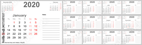 Kalender 2020 für die USA mit Feiertagen, Platz für Notizen und oben mit vorherigem und folgendem Monat. Set mit 12 einzelnen Monaten. Wochenstart Montag.