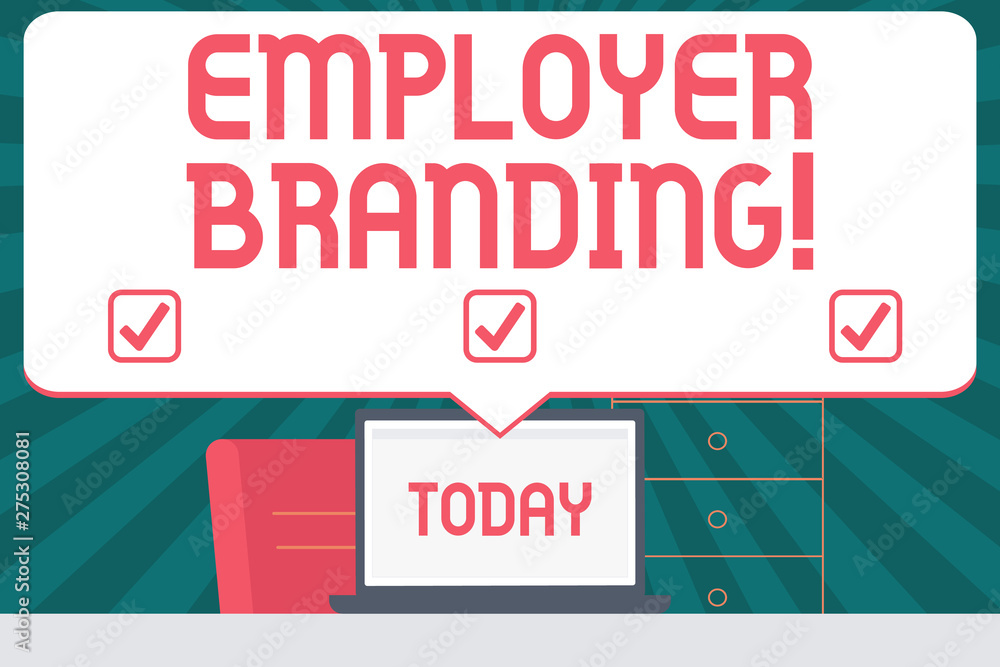 Handwriting text writing Employer Branding. Conceptual photo process of articulating your company s is unique message Blank Huge Speech Bubble Pointing to White Laptop Screen in Workspace Idea