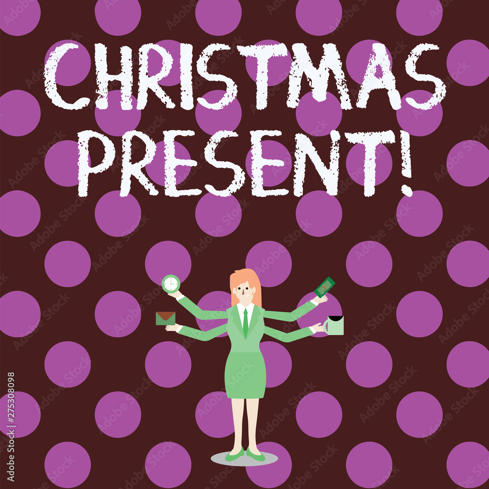 Word writing text Christmas Present. Business photo showcasing presented as a gift given in celebration of Christmas Businesswoman with Four Arms Extending Sideways Holding Workers Needed Item Word writing text Christmas Present. Business photo showcasing presented as a gift given in celebration of Christmas Businesswoman with Four Arms Extending Sideways Holding Workers Needed Item