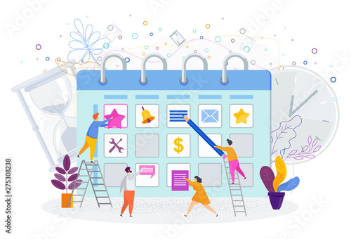 Tiny people near the huge calendar. Make a schedule of affairs for the month.