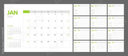 Calendar for 2020 year in clean minimal table simple style. Week Starts on Sunday. Set of 12 Months.