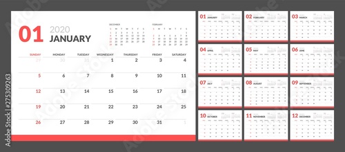 Calendar for 2020 year in clean minimal table simple style. Week Starts on Sunday. Set of 12 Months.