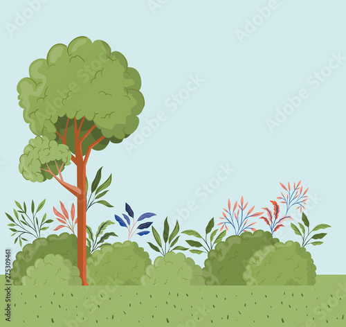 trees and leafs with bush landscape scene