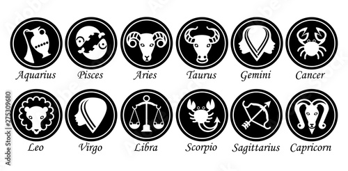 Set of twelve signs of the zodiac on the background of gold circles. Prediction of the future. Vector illustration. Isolated on white background