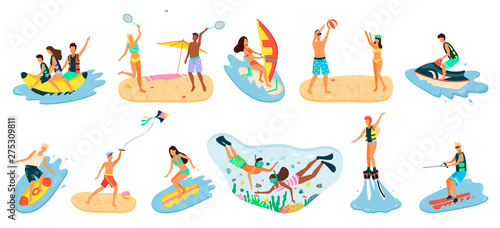 People activity relaxing by coastline vector, man and woman staying on beach, banana boat riding and playing tennis and volleyball, scuba diving snorkelling. Beach activities water sport
