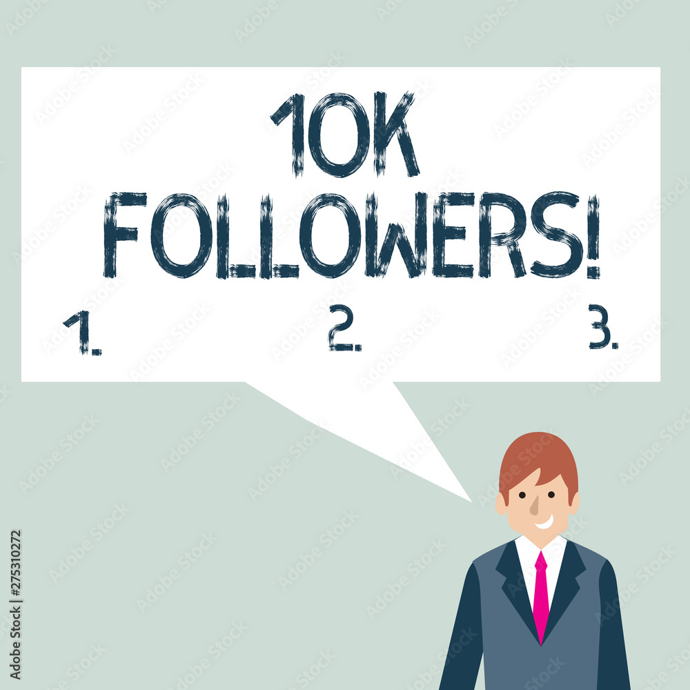 Writing note showing 10K Followers. Business concept for member of the elite group of individuals on Instagram Businessman Smiling and Talking Blank Color Speech Bubble Writing note showing 10K Followers. Business concept for member of the elite group of individuals on Instagram Businessman Smiling and Talking Blank Color Speech Bubble