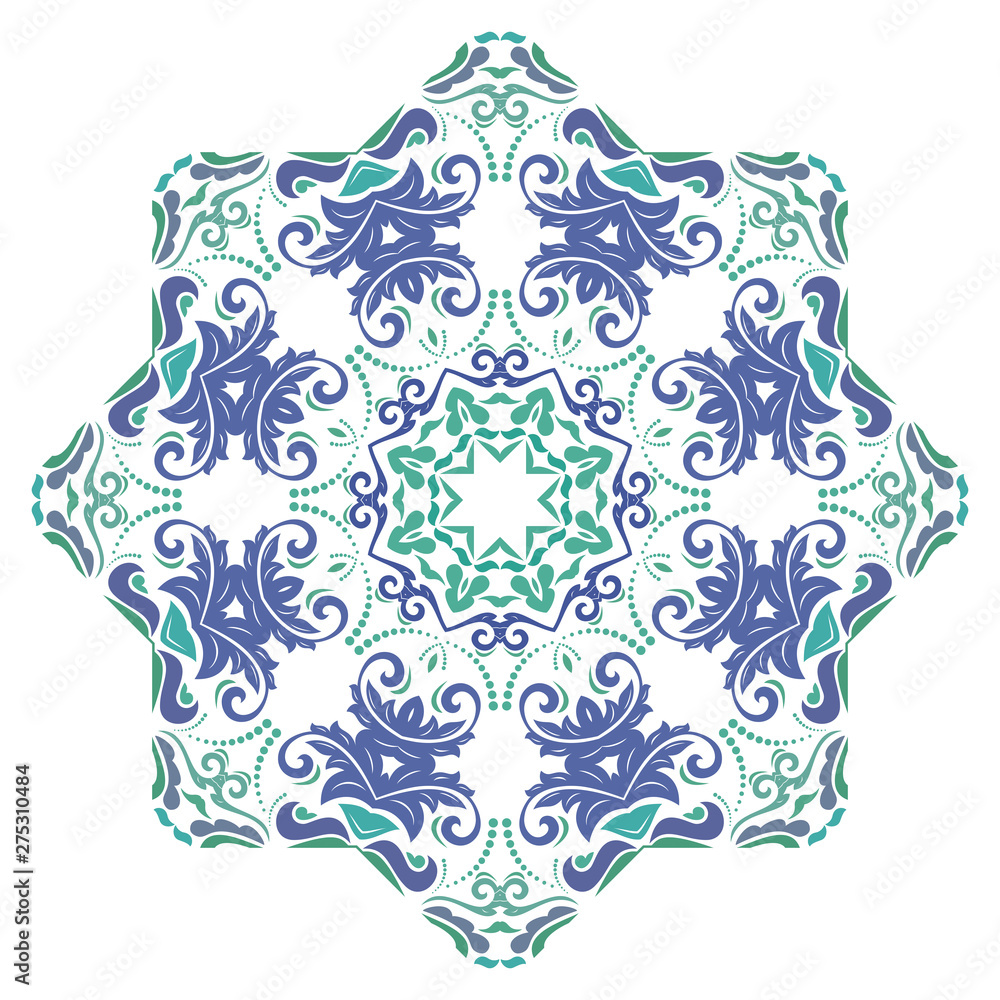 Oriental pattern with arabesques and floral elements. Traditional classic round colorful ornament. Vintage pattern with arabesques