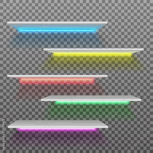 Vector empty white plastic shelf with neon lamps isolated