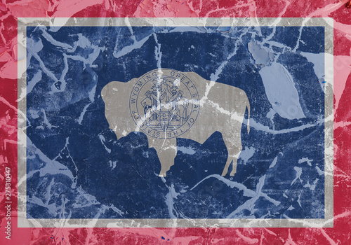 The national flag of the US state Wyoming in against a gray wall with cracks and faults on the day of independence in colors of blue red. Political and religious disputes, customs and delivery.