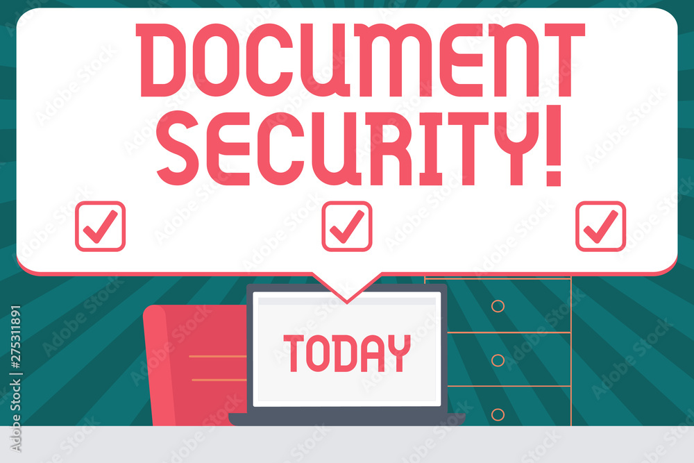 Handwriting text writing Document Security. Conceptual photo means in which important documents are filed or stored Blank Huge Speech Bubble Pointing to White Laptop Screen in Workspace Idea Handwriting text writing Document Security. Conceptual photo means in which important documents are filed or stored Blank Huge Speech Bubble Pointing to White Laptop Screen in Workspace Idea
