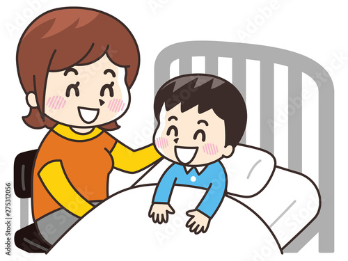 入院中の子供に付き添う母親