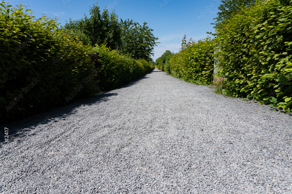 Low angle view of a long straight path with gravel in the sunlight Low angle view of a long straight path with gravel in the sunlight