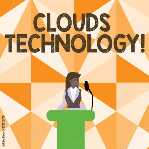 Word writing text Clouds Technology. Business photo showcasing resources aretrieved from the internet through webbased Businesswoman Standing Behind Podium Rostrum Speaking on Wireless Microphone photo