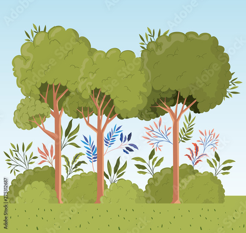 trees and leafs with bush landscape scene