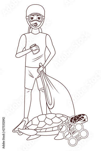 scuba diving avatar cartoon character in black and white