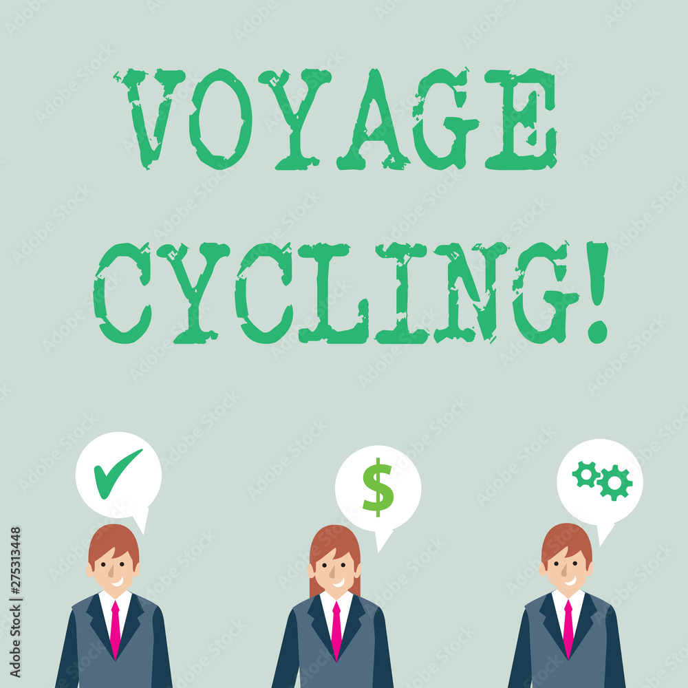 Word writing text Voyage Cycling. Business photo showcasing Use of bicycles for transport recreation and exercise Businessmen Each has their Own Speech Bubble with Optimization Cost Icons Word writing text Voyage Cycling. Business photo showcasing Use of bicycles for transport recreation and exercise Businessmen Each has their Own Speech Bubble with Optimization Cost Icons