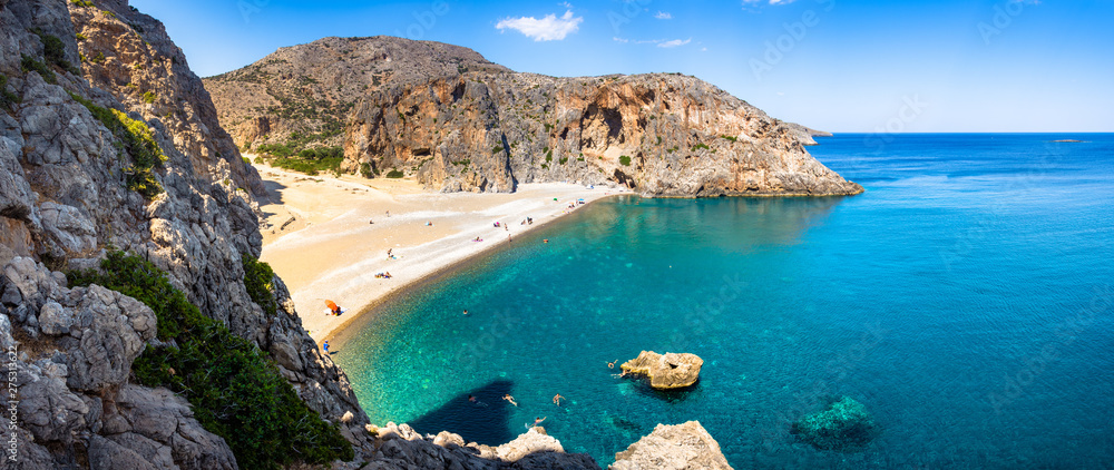 Obraz na płótnie Agiofarago beach with natural caves and stone arches at the end of the gorge in Crete island, Greece w salonie
