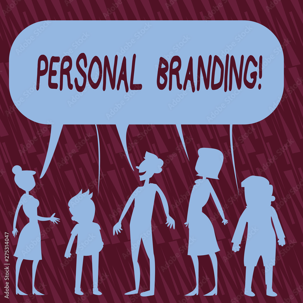 Obraz premium Text sign showing Personal Branding. Business photo text process of creating a recognizable professional name Silhouette Figure of People Talking and Sharing One Colorful Speech Bubble