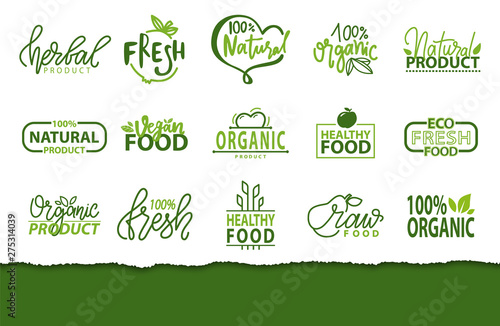 Fresh meal and organic ecology cleen products vector, logotypes with foliage and leaves, inscriptions, isolated logos with plant and vegetation, natural eco food set
