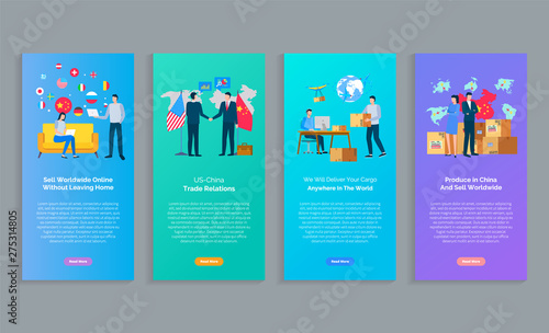 China Us trade relations vector, webpages with info and businessman with woman. Parcels and delivery service shipment of cargo and boxes products