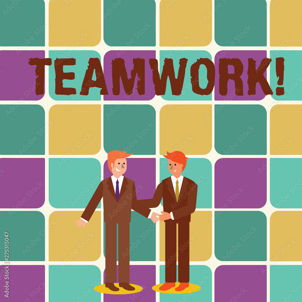 Text sign showing Teamwork. Business photo showcasing combined action of group especially when effective and efficient Two Businessmen Standing, Smiling and Greeting each other by Handshaking Text sign showing Teamwork. Business photo showcasing combined action of group especially when effective and efficient Two Businessmen Standing, Smiling and Greeting each other by Handshaking