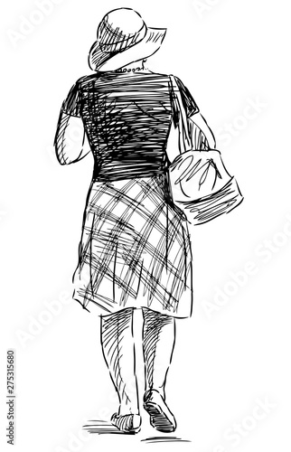 Sketch of a woman in a hat going for a stroll