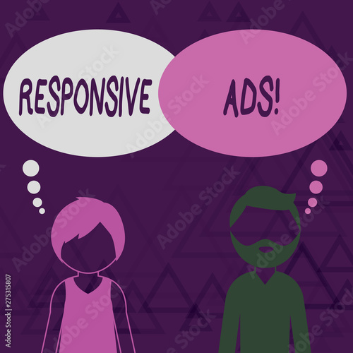 Writing note showing Responsive Ads. Business concept for Automatically adjust form and format to fit existing ad space Bearded Man and Woman with the Blank Colorful Thought Bubble