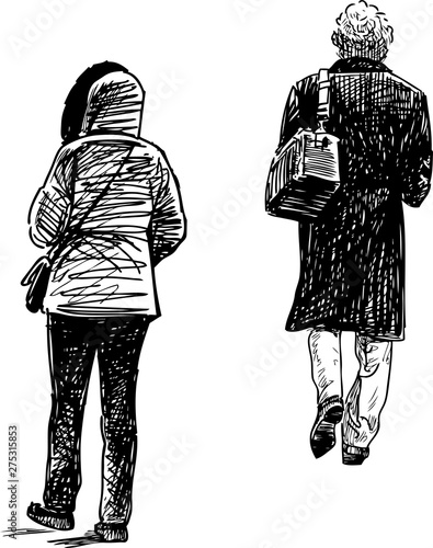 Sketches of casual city pedestrians walking down the street