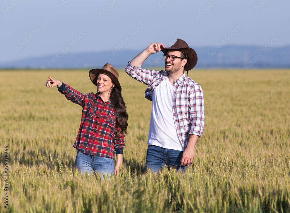 Farmers in yellow barley field