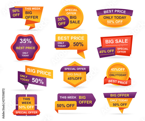 Set of retail sale tags. Stickers best offer price and big sale pricing tag badge design. Limited sales offer label or store discount banner card isolated. Shopping coupon. Vector illustration.