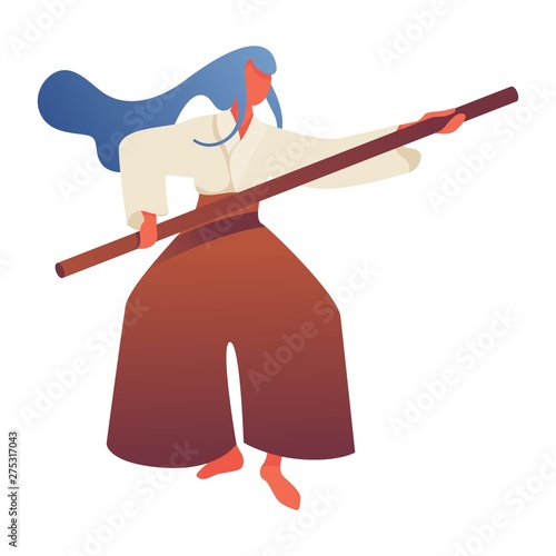 Isolated on white aikido woman character with stick. Drawn with bold color gradients sport concept