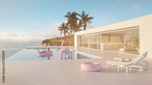 3D-Illustration. modern luxury infinity pool with summer accessoires. sun flares