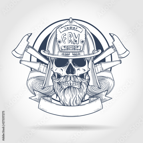 Hand drawn sketch, fireman skull with helmet, beard and mustaches, firehose and axe. Poster, flyer design