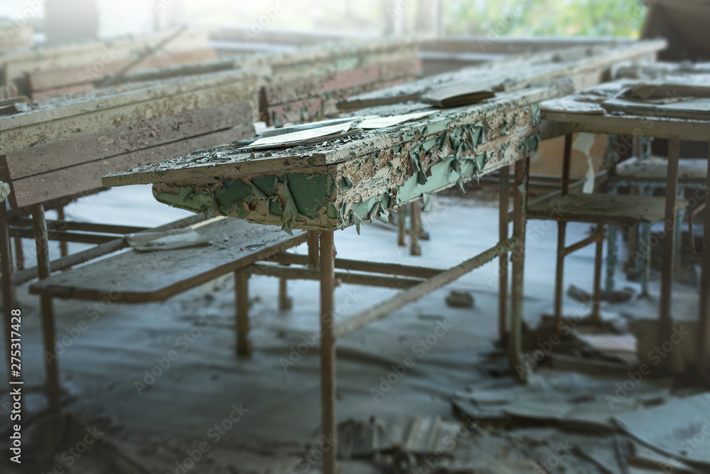 Classroom in abandoned school number 3 in Pripyat, Chernobyl alienation zone