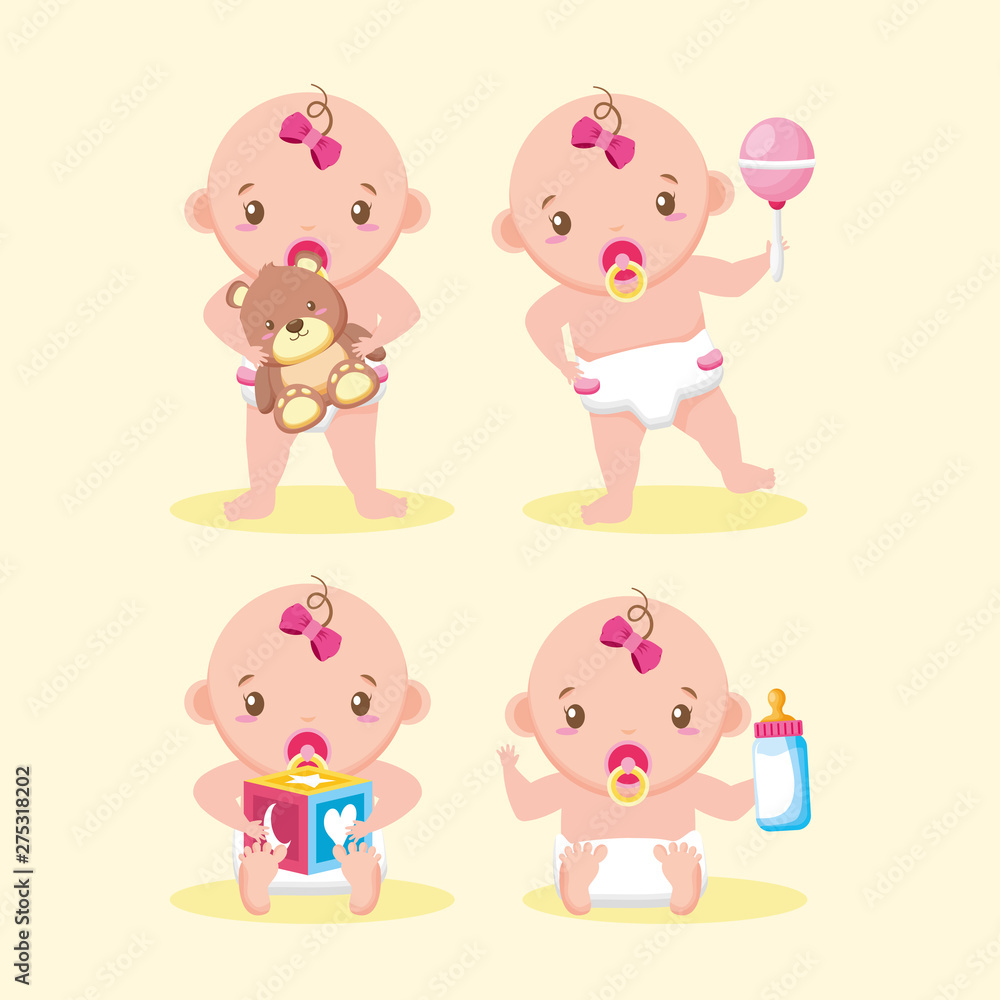Obraz premium cute girls with bottle rattle cube bear baby shower