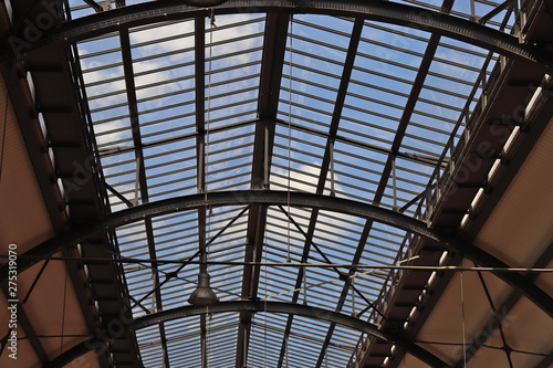 Ceiling of a train station made of steel and glass